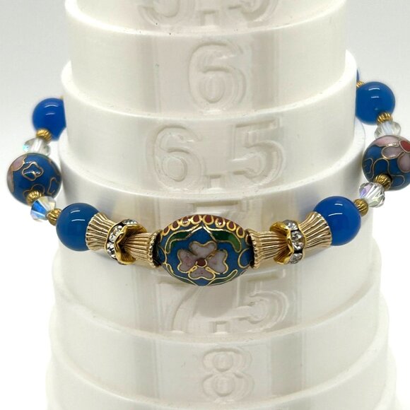 Cloisonné Floral Bracelet With Blue Glass Beads Gold-Tone Accents & Screw Clasp - Picture 13 of 14